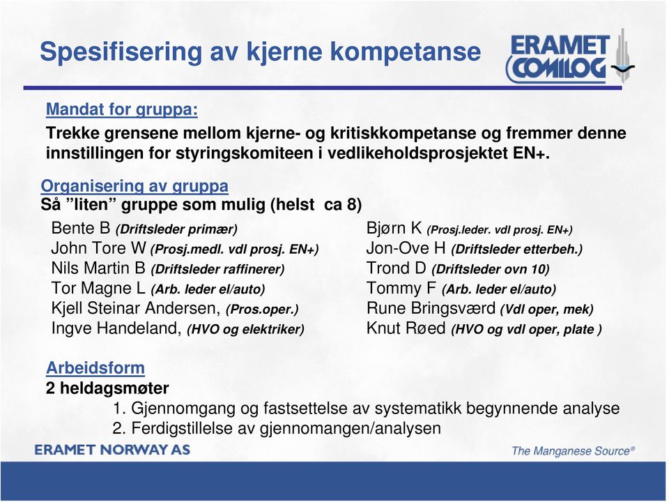 leder el/auto) Kjell Steinar Andersen, (Pros.oper.) Ingve Handeland, (HVO og elektriker) Bjørn K (Prosj.leder. vdl prosj. EN+) Jon-Ove H (Driftsleder etterbeh.