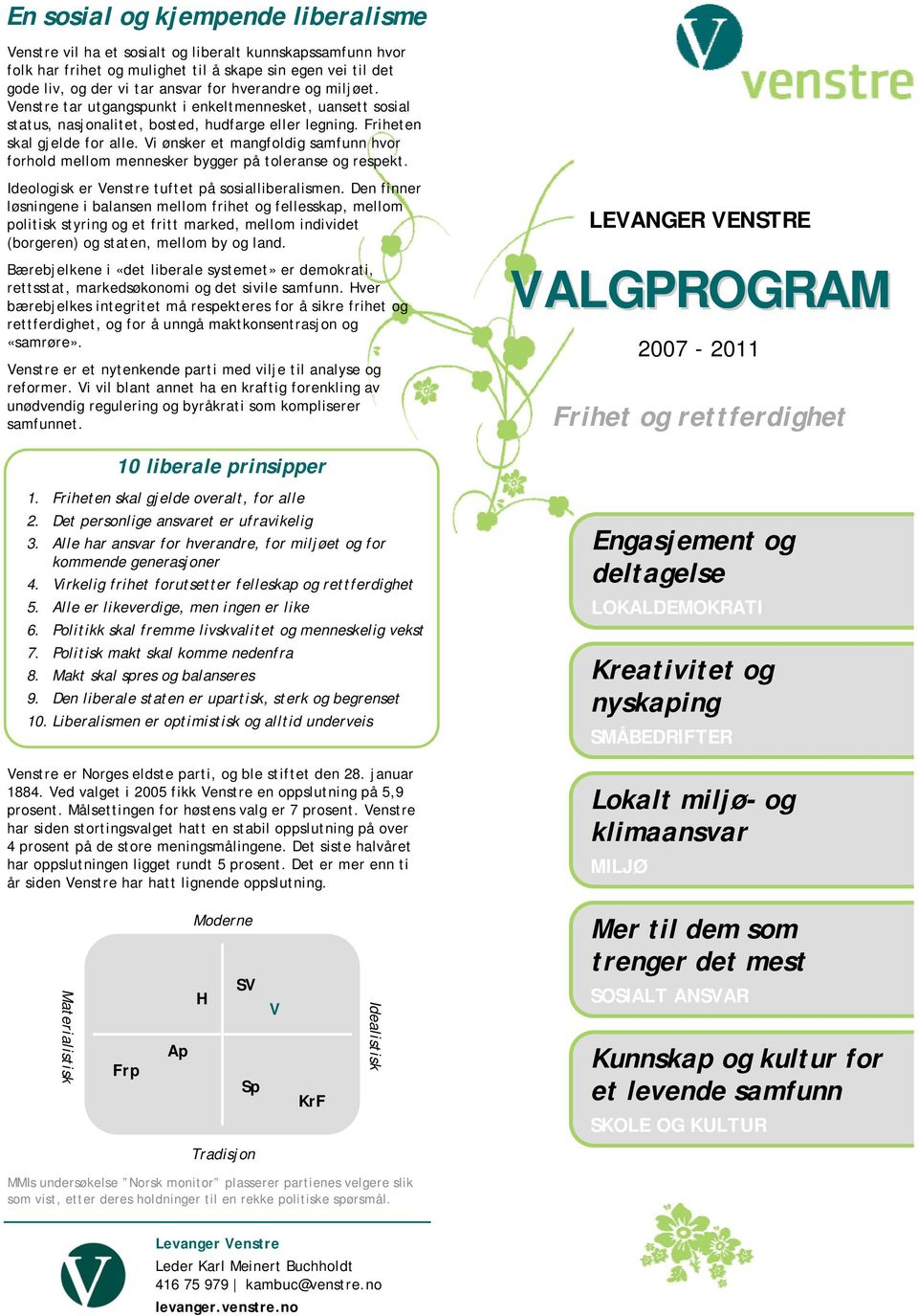 Vi ønsker et mangfoldig samfunn hvor forhold mellom mennesker bygger på toleranse og respekt. Ideologisk er Venstre tuftet på sosialliberalismen.