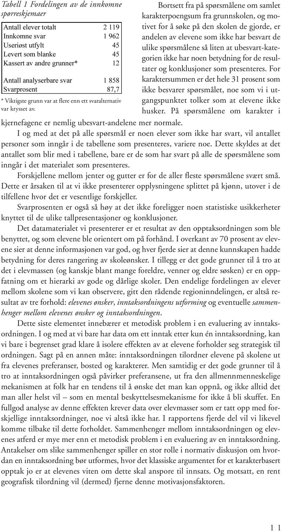 Bortsett fra på spørsmålene om samlet karakterpoengsum fra grunnskolen, og motivet for å søke på den skolen de gjorde, er andelen av elevene som ikke har besvart de ulike spørsmålene så liten at