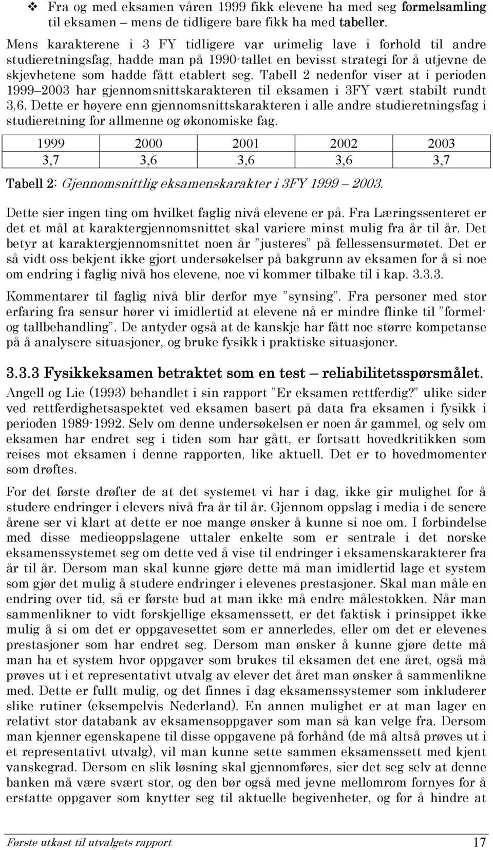 Tabell 2 nedenfor viser at i perioden 1999 2003 har gjennomsnittskarakteren til eksamen i 3FY vært stabilt rundt 3,6.