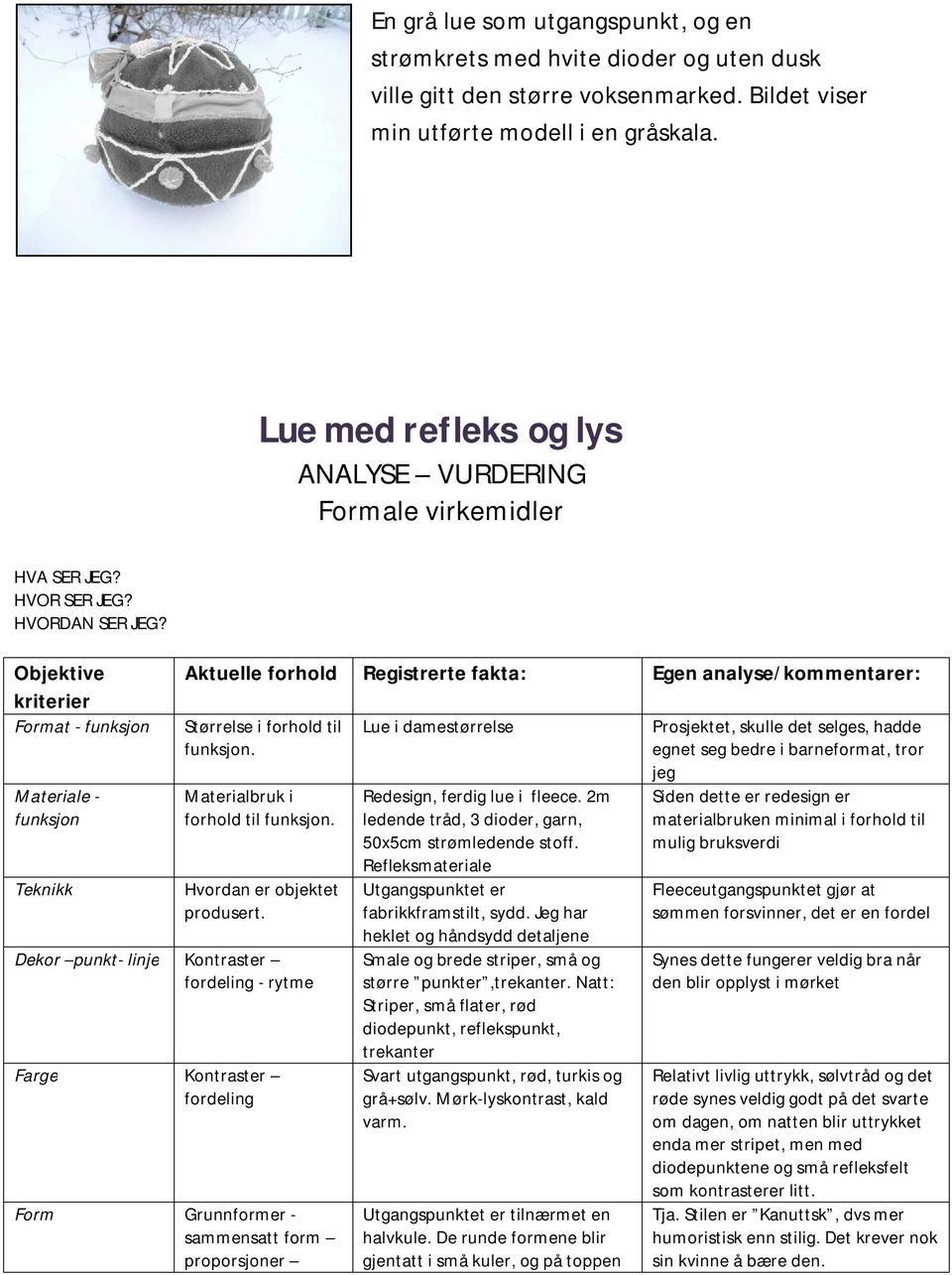 Objektive kriterier Format - funksjon Materiale - funksjon Teknikk Aktuelle forhold Registrerte fakta: Egen analyse/kommentarer: Størrelse i forhold til funksjon. Materialbruk i forhold til funksjon.