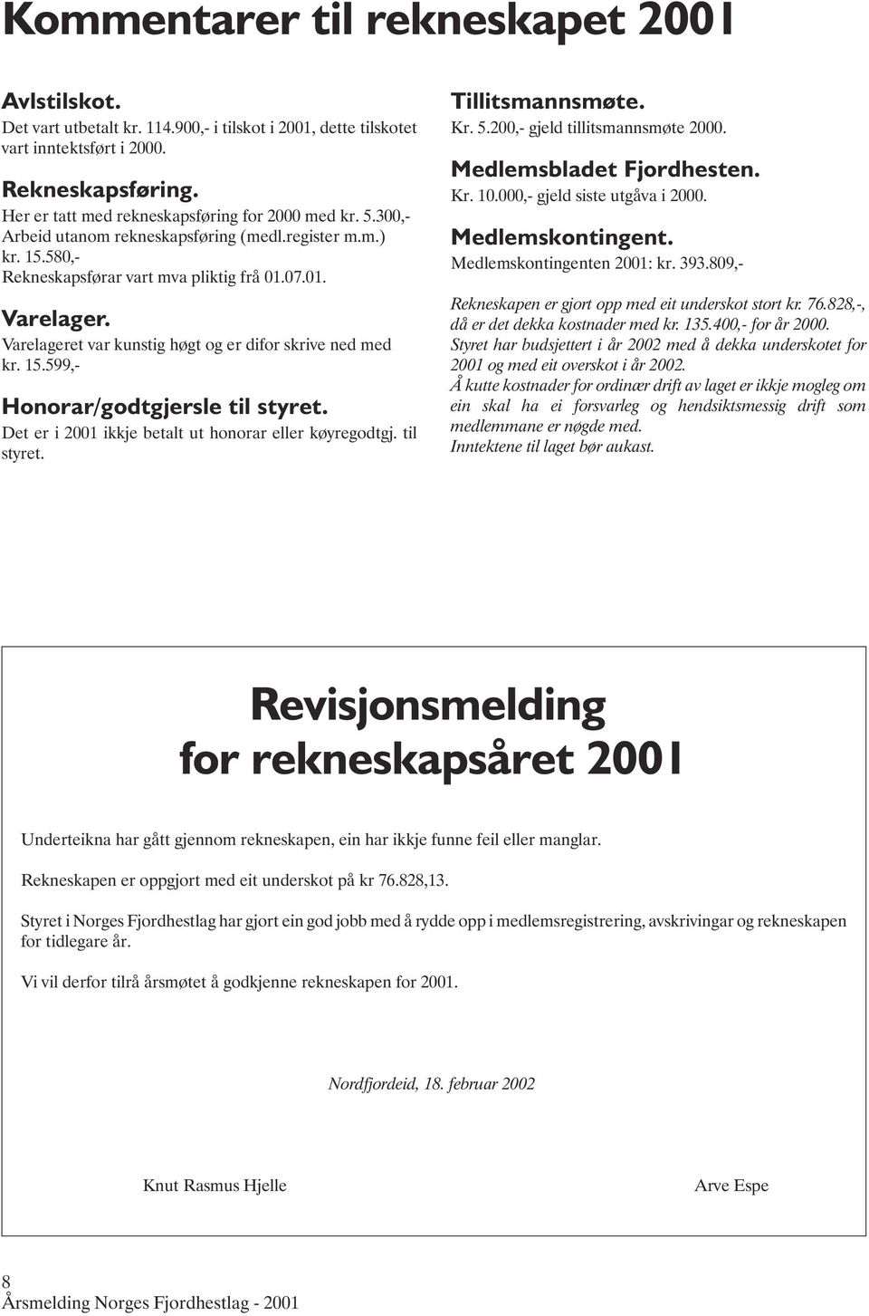 Varelageret var kunstig høgt og er difor skrive ned med kr. 15.599,- Honorar/godtgjersle til styret. Det er i 2001 ikkje betalt ut honorar eller køyregodtgj. til styret. Tillitsmannsmøte. Kr. 5.