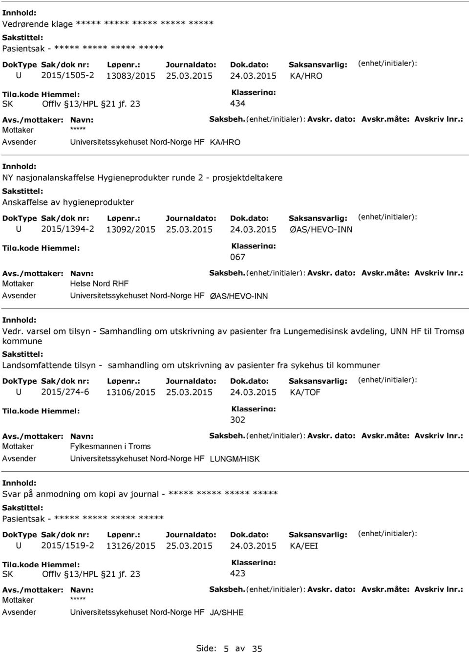 : Mottaker ***** niversitetssykehuset Nord-Norge HF nnhold: NY nasjonalanskaffelse Hygieneprodukter runde 2 - prosjektdeltakere Anskaffelse av hygieneprodukter 2015/1394-2 13092/2015 ØAS/HEVO-NN 067