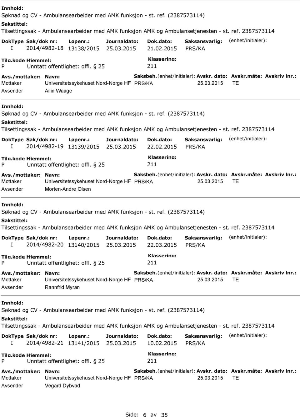 ref. (2387573114) Tilsettingssak - Ambulansearbeider med AMK funksjon AMK og Ambulansetjenesten - st. ref. 2387573114 2014/4982-19 13139/2015 22.02.2015 Avs./mottaker: Navn: Saksbeh. Avskr.