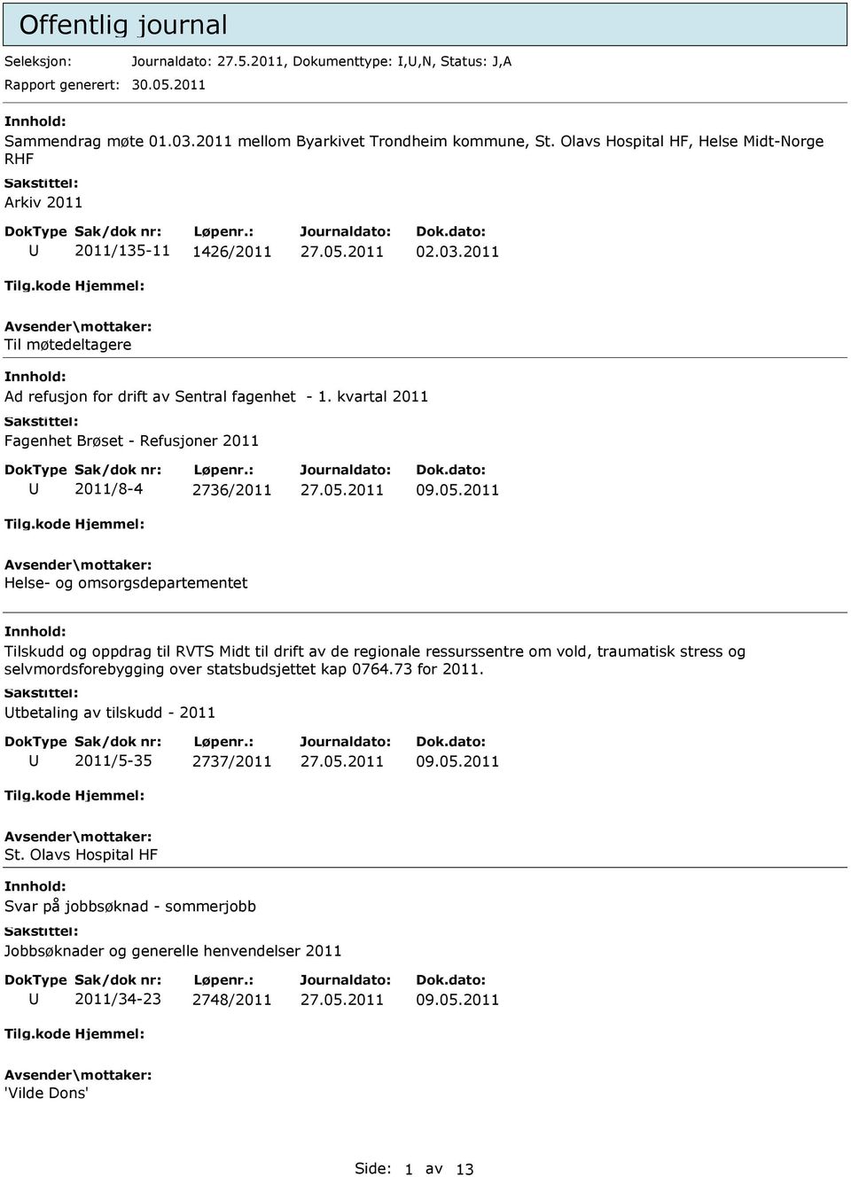 kvartal 2011 Fagenhet Brøset - Refusjoner 2011 2011/8-4 2736/2011 09.05.