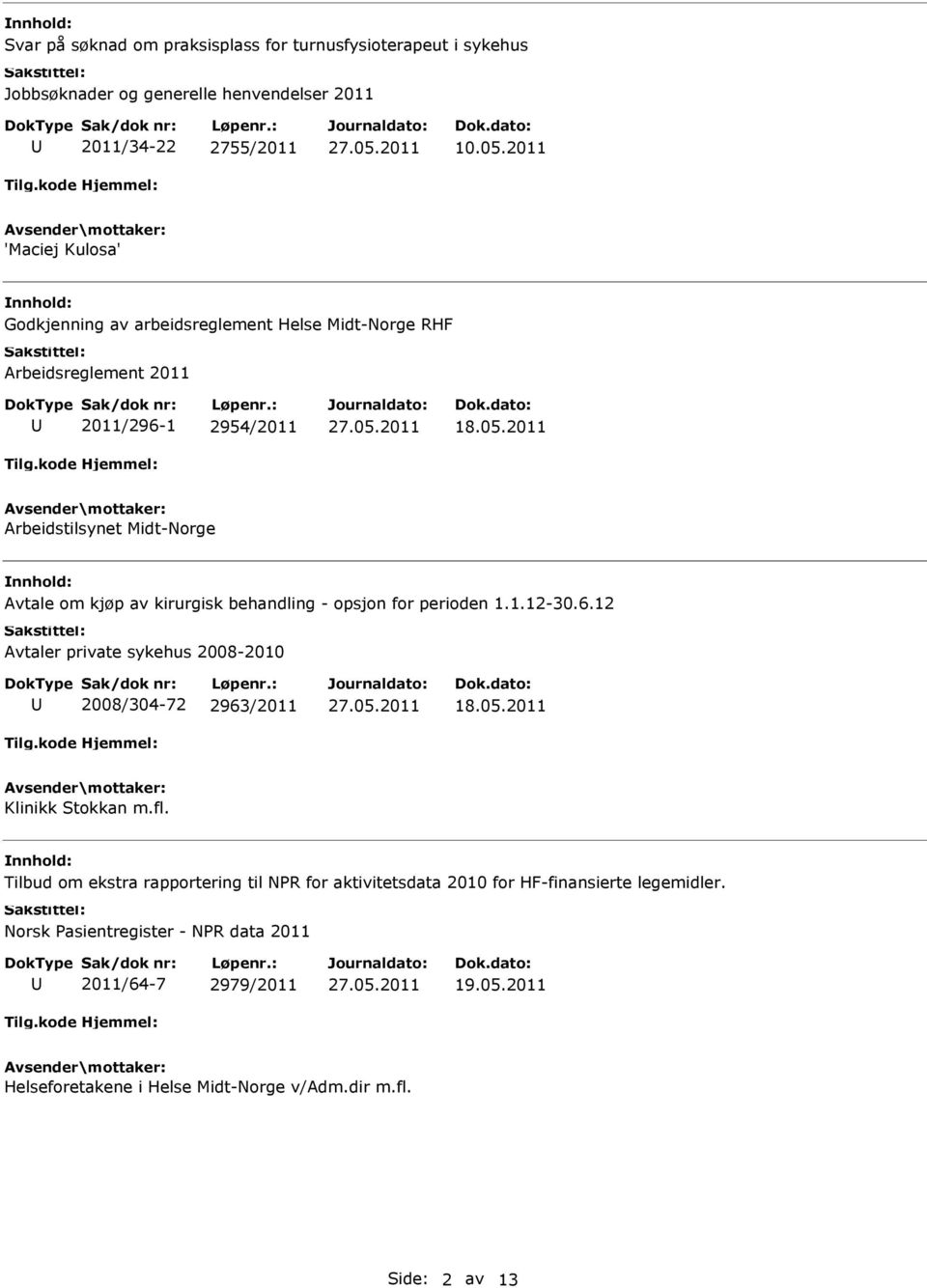 2011 Arbeidstilsynet Midt-Norge Avtale om kjøp av kirurgisk behandling - opsjon for perioden 1.1.12-30.6.12 Avtaler private sykehus 2008-2010 2008/304-72 2963/2011 18.05.