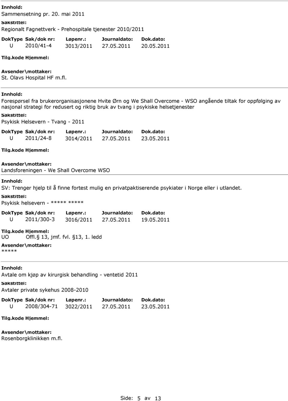 Helsevern - Tvang - 2011 2011/24-8 3014/2011 23.05.2011 Landsforeningen - We Shall Overcome WSO SV: Trenger hjelp til å finne fortest mulig en privatpaktiserende psykiater i Norge eller i utlandet.