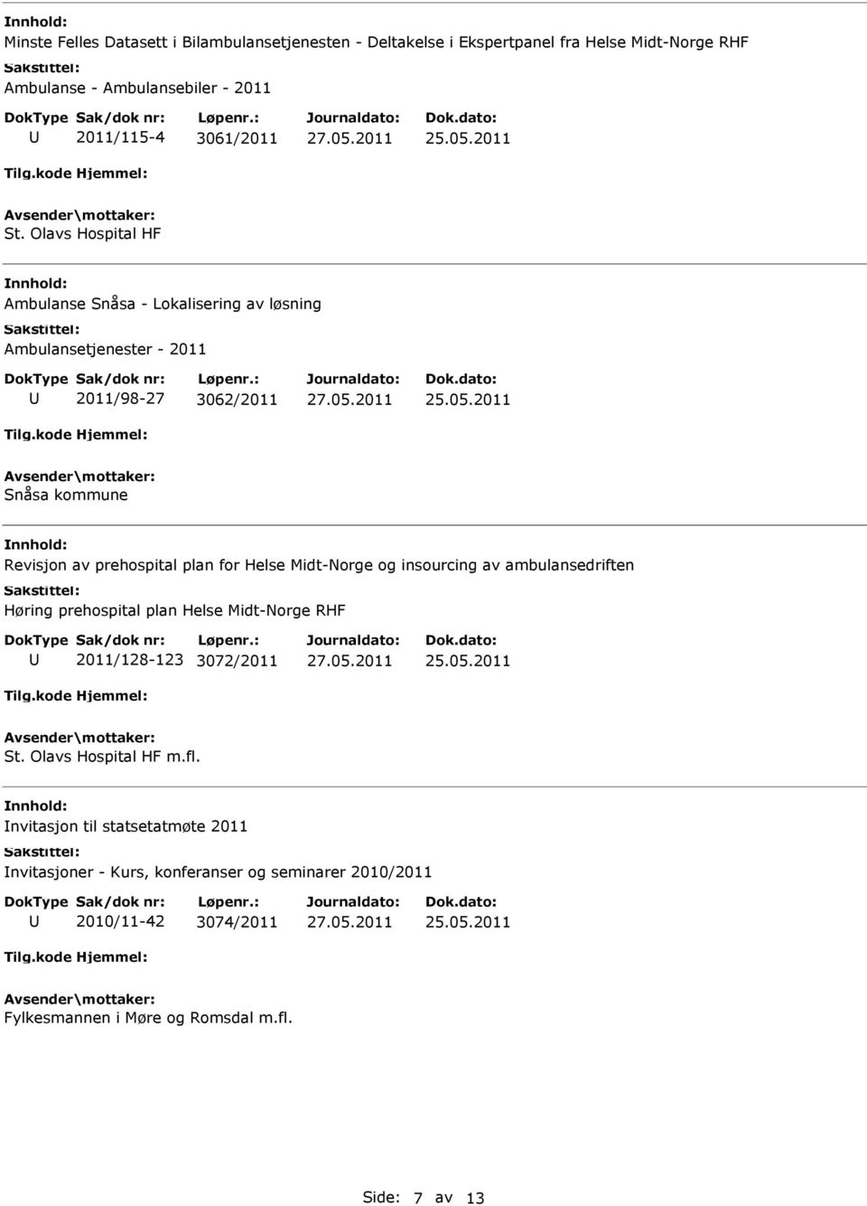 for Helse Midt-Norge og insourcing av ambulansedriften Høring prehospital plan Helse Midt-Norge RHF 2011/128-123 3072/2011 St. Olavs Hospital HF m.fl.