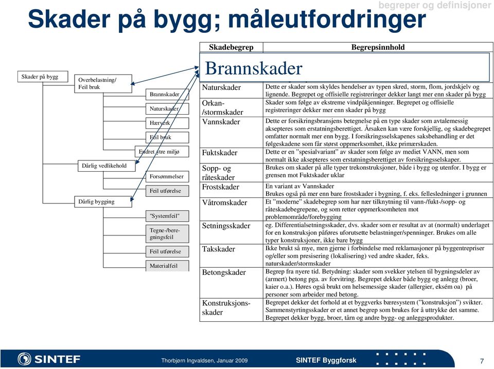 Frostskader Våtromskader Setningsskader Takskader Betongskader Orkan- /stormskader Vannskader Begrepsinnhold Begrepet dekker mer enn skader på bygg, bl.a. tar myndighets- og bransjeregistreringer med seg skader på annet enn bygg (biler, båter osv), på løsøre i bygg mv.