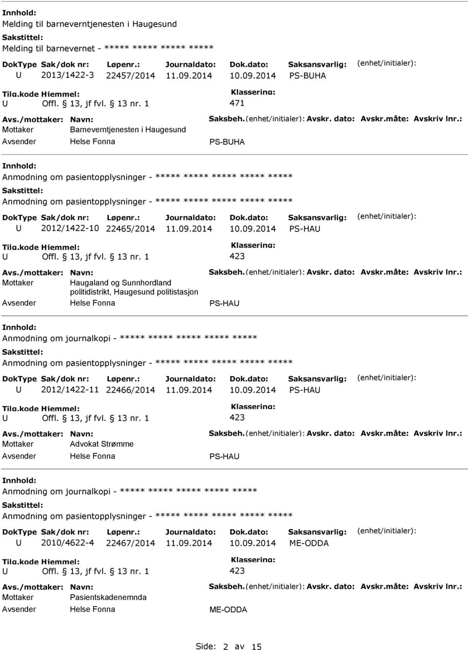 : Mottaker Haugaland og Sunnhordland politidistrikt, Haugesund politistasjon S-HA Anmodning om journalkopi - ***** ***** ***** ***** ***** 2012/1422-11 22466/2014 S-HA Avs./mottaker: Navn: Saksbeh.