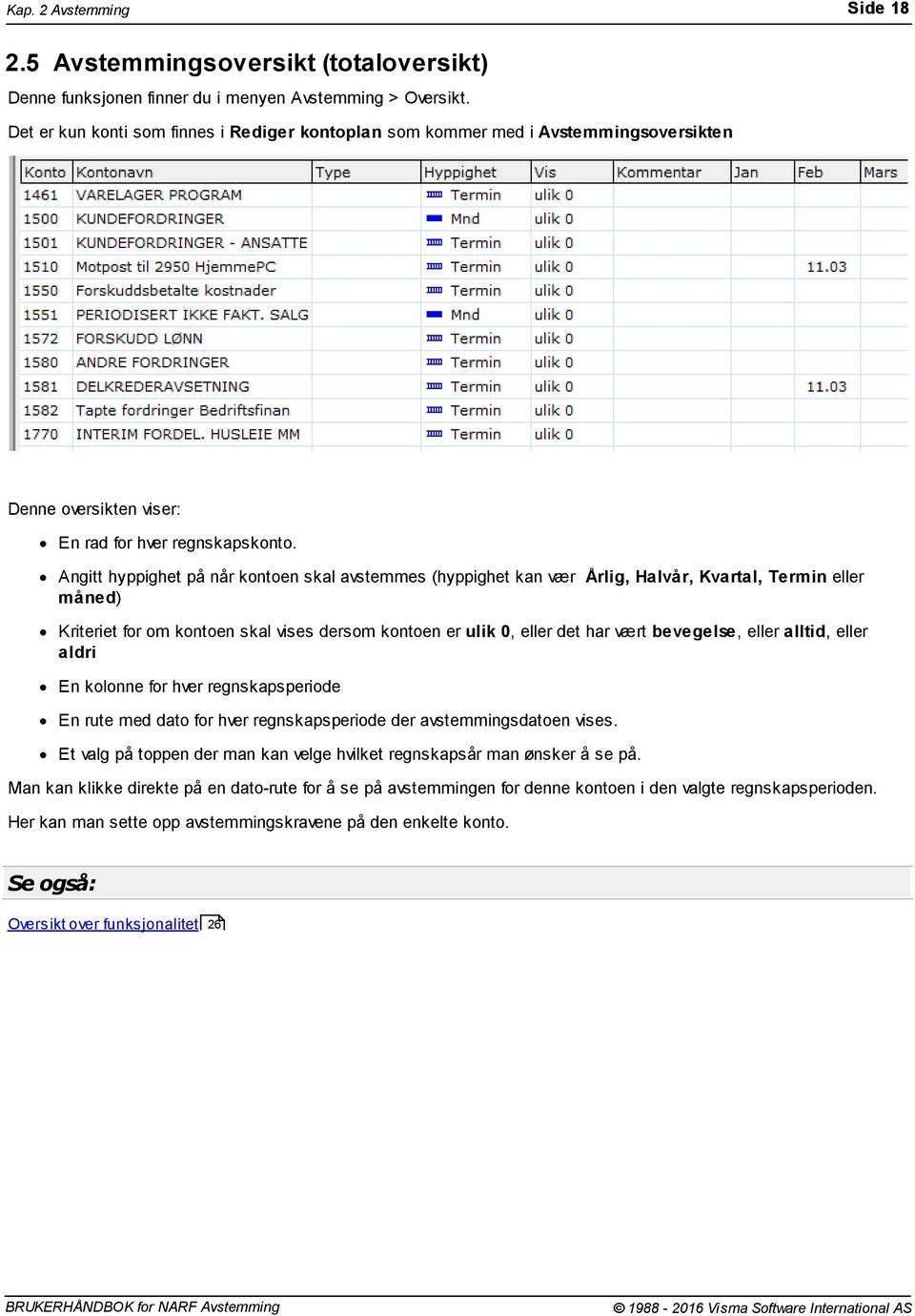 Angitt hyppighet på når kontoen skal avstemmes (hyppighet kan vær Årlig, Halvår, Kvartal, Termin eller måned) Kriteriet for om kontoen skal vises dersom kontoen er ulik 0, eller det har vært