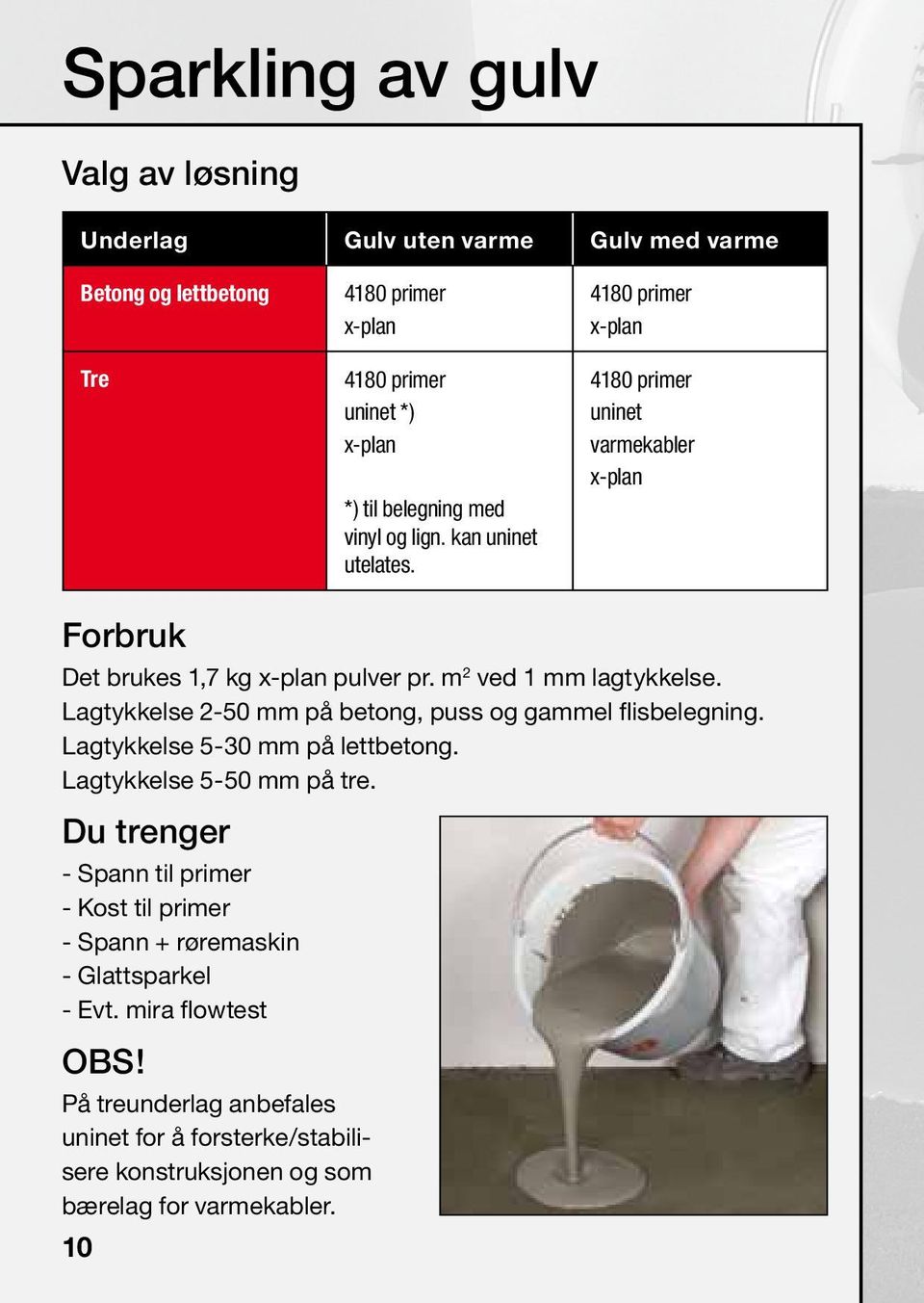 Lagtykkelse 2-50 mm på betong, puss og gammel flisbelegning. Lagtykkelse 5-30 mm på lettbetong. Lagtykkelse 5-50 mm på tre.