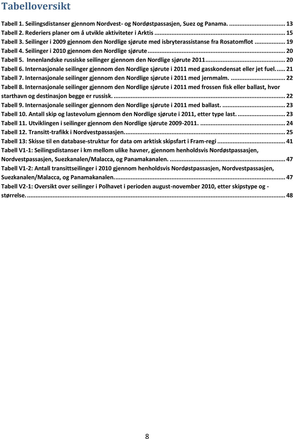 Innenlandske russiske seilinger gjennom den Nordlige sjørute 2011... 20 Tabell 6. Internasjonale seilinger gjennom den Nordlige sjørute i 2011 med gasskondensat eller jet fuel.... 21 Tabell 7.