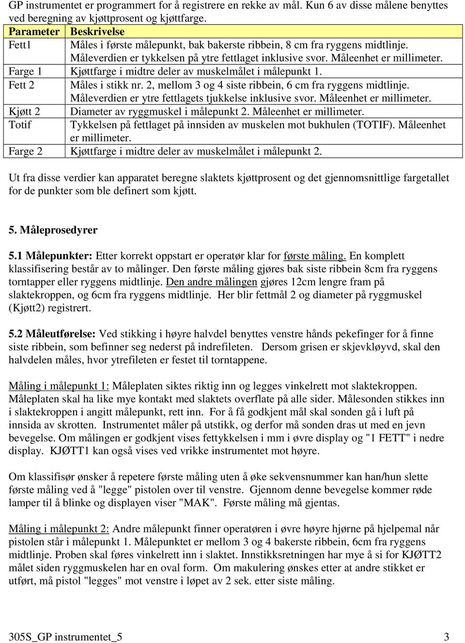 Farge 1 Kjøttfarge i midtre deler av muskelmålet i målepunkt 1. Fett 2 Måles i stikk nr. 2, mellom 3 og 4 siste ribbein, 6 cm fra ryggens midtlinje.