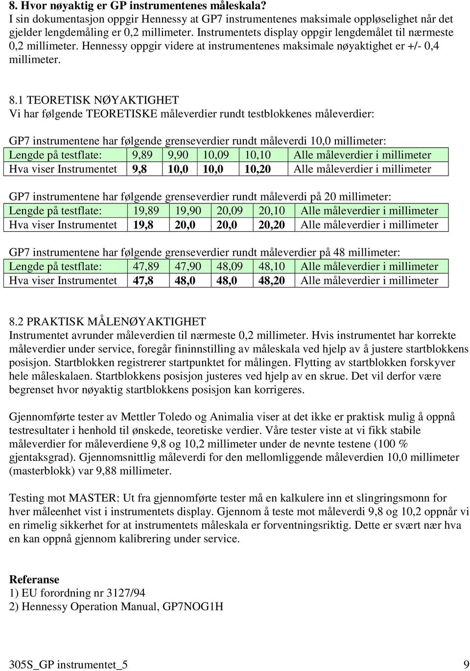 1 TEORETISK NØYAKTIGHET Vi har følgende TEORETISKE måleverdier rundt testblokkenes måleverdier: GP7 instrumentene har følgende grenseverdier rundt måleverdi 10,0 millimeter: Lengde på testflate: 9,89