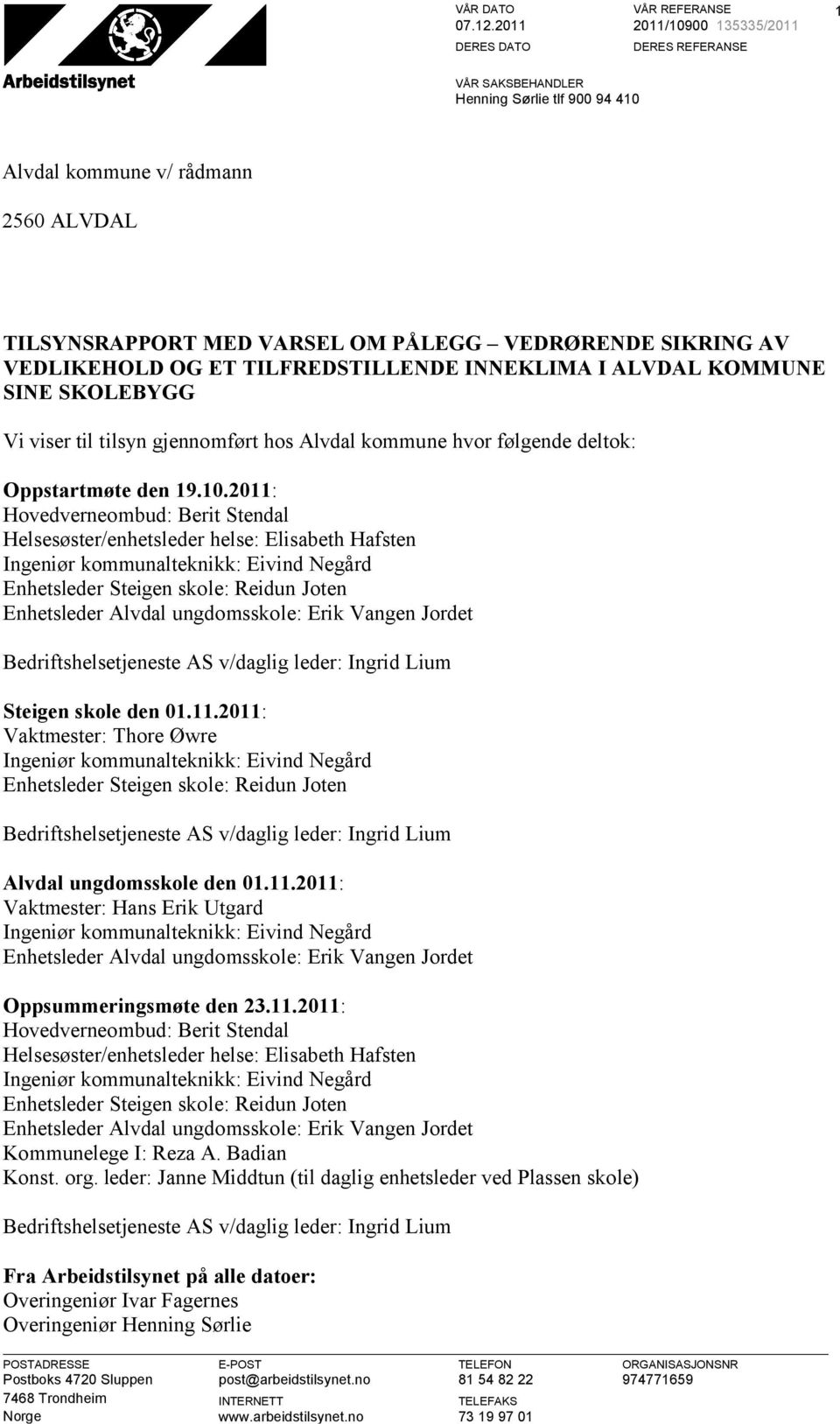 OG ET TILFREDSTILLENDE INNEKLIMA I ALVDAL KOMMUNE SINE SKOLEBYGG Vi viser til tilsyn gjennomført hos Alvdal kommune hvor følgende deltok: Oppstartmøte den 19.10.