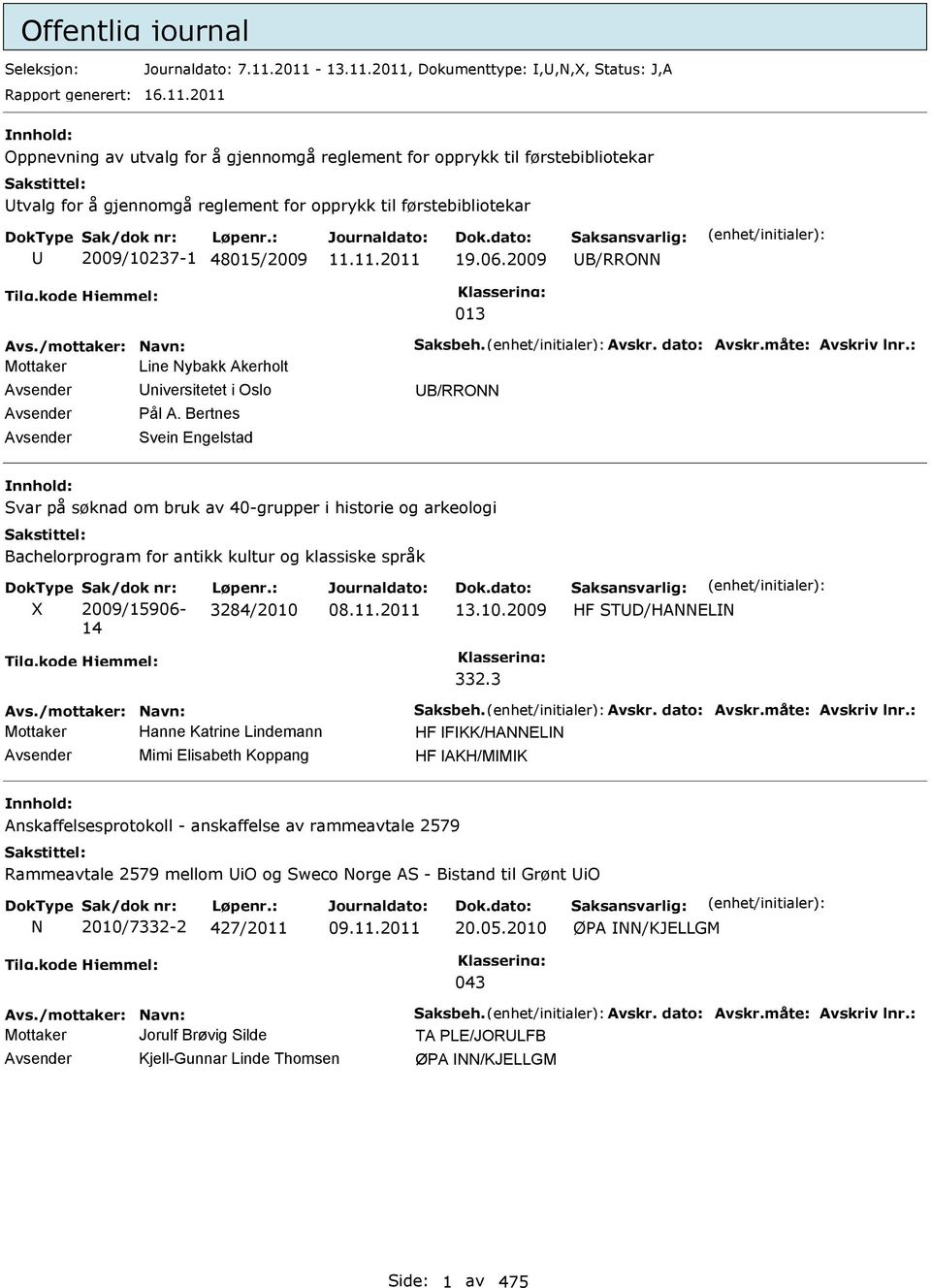 06.2009 B/RRONN 013 Avs./mottaker: Navn: Saksbeh. Avskr. dato: Avskr.måte: Avskriv lnr.: Mottaker Line Nybakk Akerholt niversitetet i Oslo Pål A.