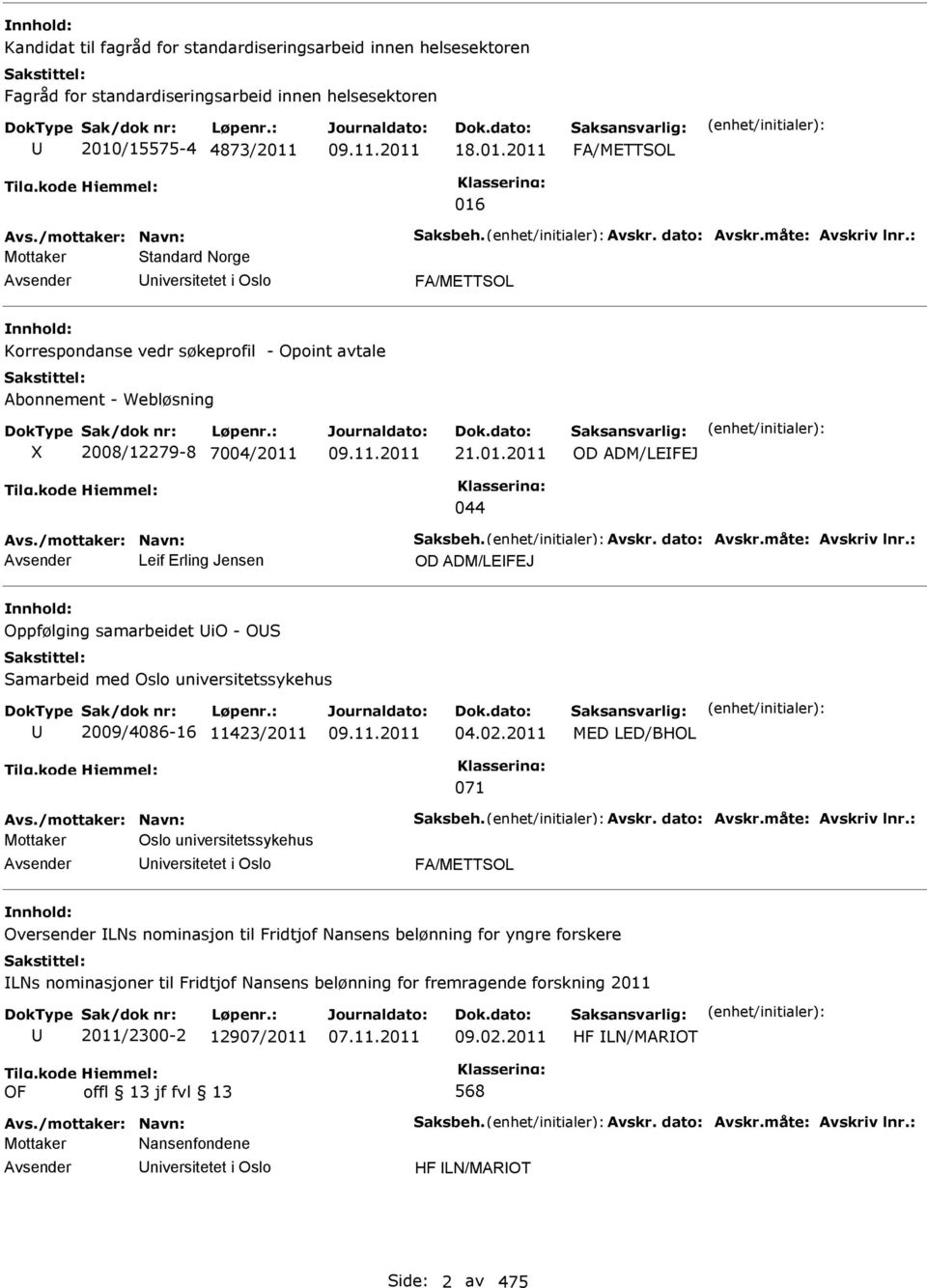 21.01.2011 OD ADM/LEFEJ 044 Avs./mottaker: Navn: Saksbeh. Avskr. dato: Avskr.måte: Avskriv lnr.