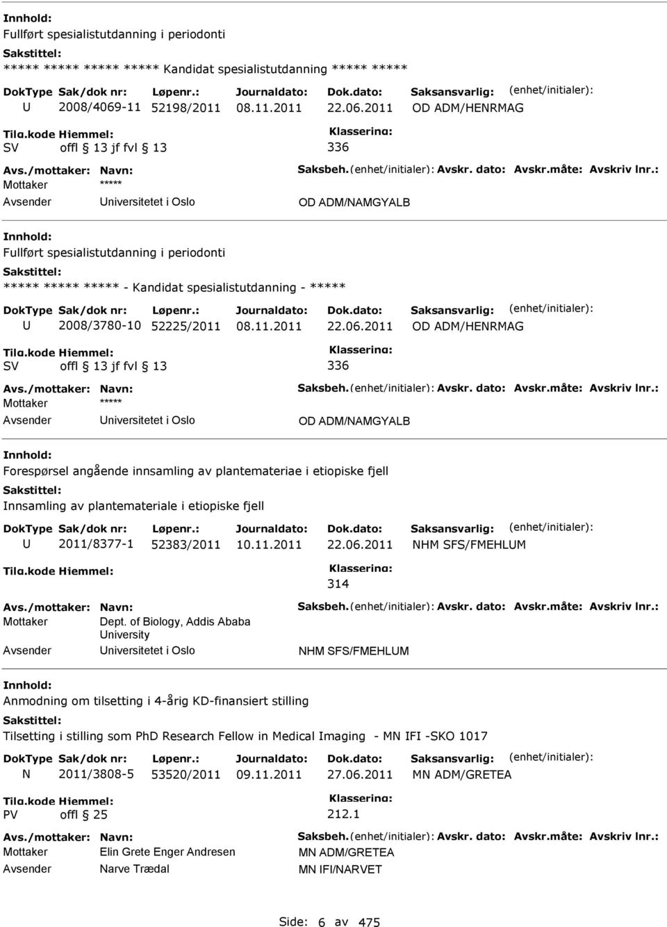 2011 OD ADM/HENRMAG 336 Avs./mottaker: Navn: Saksbeh. Avskr. dato: Avskr.måte: Avskriv lnr.