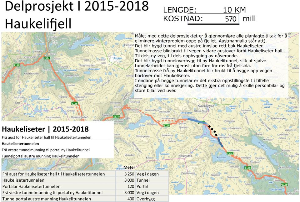 Til dels ny veg, til dels oppbygging av nåverande. Det blir bygd tunneloverbygg til ny Haukelitunnel, slik at sjølve tunnelarbeidet kan gjerast utan fare for ras frå fjellsida.