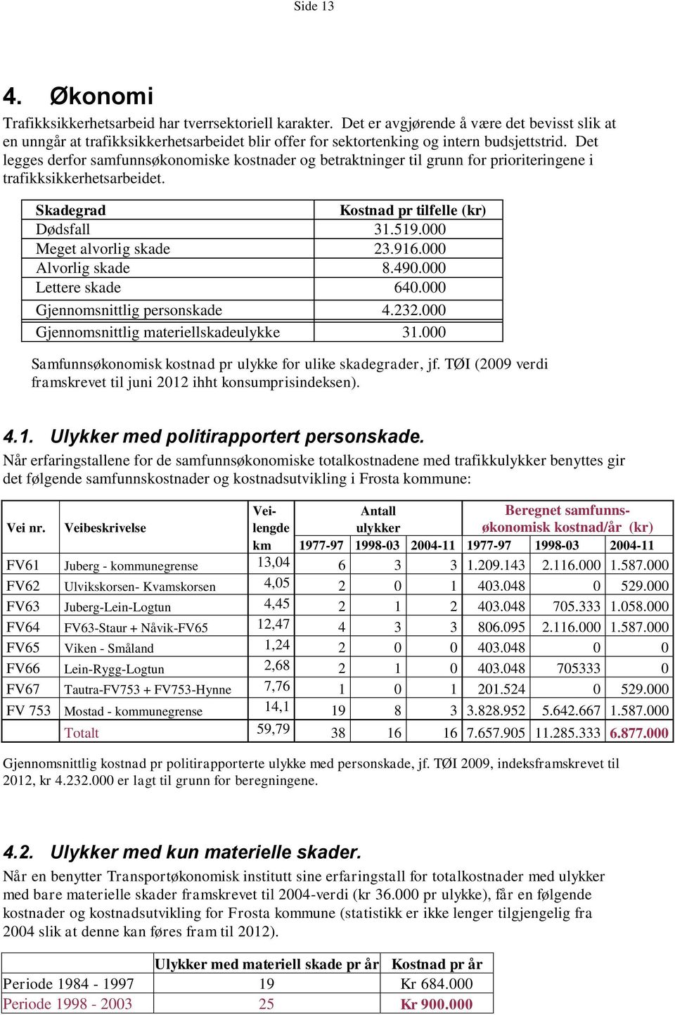 Det legges derfor samfunnsøkonomiske kostnader og betraktninger til grunn for prioriteringene i trafikksikkerhetsarbeidet. Skadegrad Kostnad pr tilfelle (kr) Dødsfall 31.519.