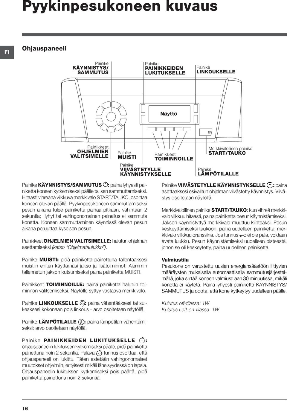 sen sammuttamiseksi. Hitaasti vihreänä vilkkuva merkkivalo START/TAUKO, osoittaa koneen olevan päällä.