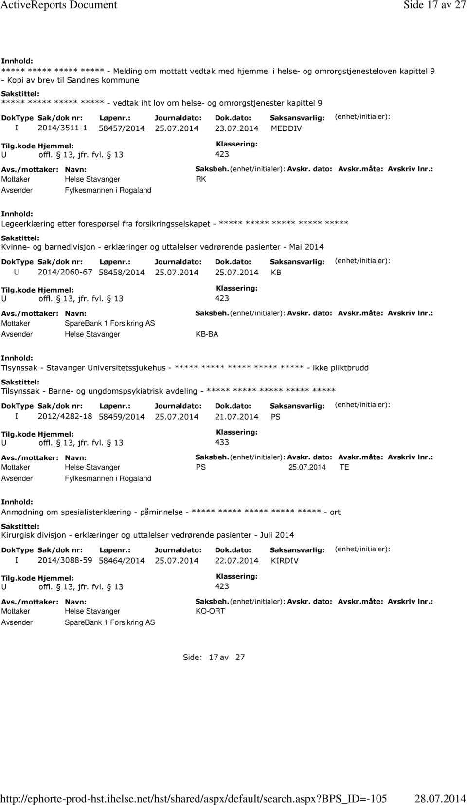 bps_d=-105 Side 17 av 27 ***** ***** ***** ***** - Melding om mottatt vedtak med hjemmel i helse- og omrorgstjenesteloven kapittel 9 - Kopi av brev til Sandnes kommune ***** ***** ***** ***** -