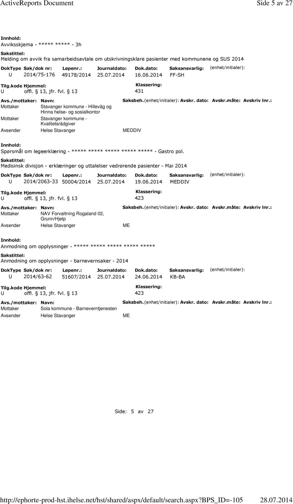 2014 FF-SH 431 Mottaker Stavanger kommune - Hillevåg og Hinna helse- og sosialkontor Mottaker Stavanger kommune - Kvalitetsrådgiver Saksbeh. Avskr. dato: Avskr.måte: Avskriv lnr.