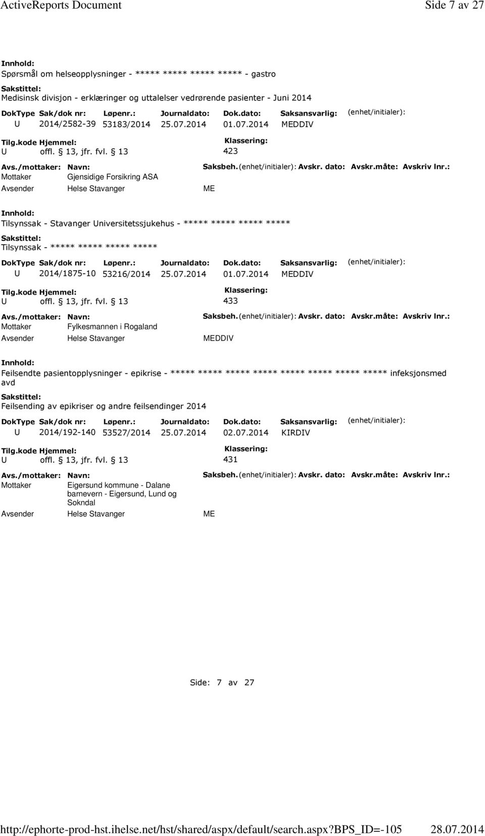 bps_d=-105 Side 7 av 27 Spørsmål om helseopplysninger - ***** ***** ***** ***** - gastro Medisinsk divisjon - erklæringer og uttalelser vedrørende pasienter - Juni 2014 2014/2582-39 53183/2014 01.07.