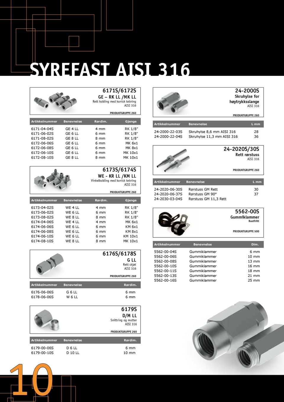 10x1 6172-08-10S GE 8 LL 8 mm MK 10x1 6173S/6174S WE - KR LL /KM LL Vinkelkobling med konisk tetning AISI 316 PRODUKTGRUPPE 260 Rørdim.