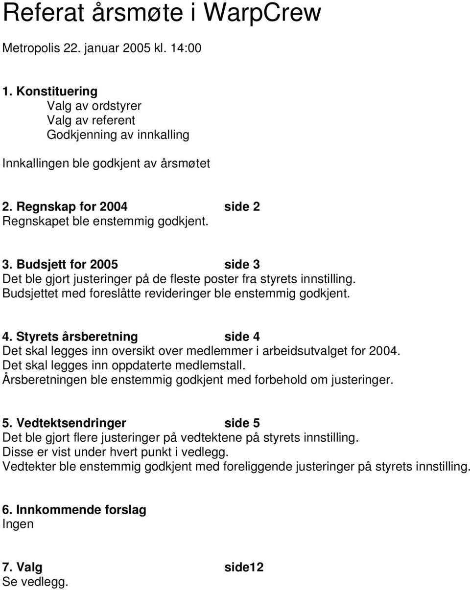 Budsjettet med foreslåtte revideringer ble enstemmig godkjent. 4. Styrets årsberetning side 4 Det skal legges inn oversikt over medlemmer i arbeidsutvalget for 2004.