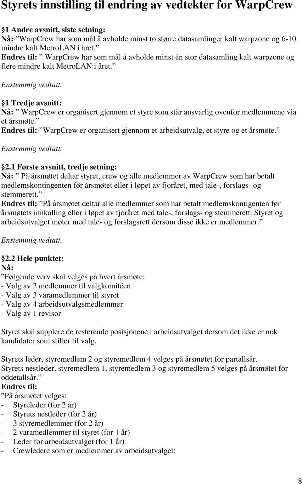 1 Tredje avsnitt: Nå: WarpCrew er organisert gjennom et styre som står ansvarlig ovenfor medlemmene via et årsmøte. Endres til: WarpCrew er organisert gjennom et arbeidsutvalg, et styre og et årsmøte.