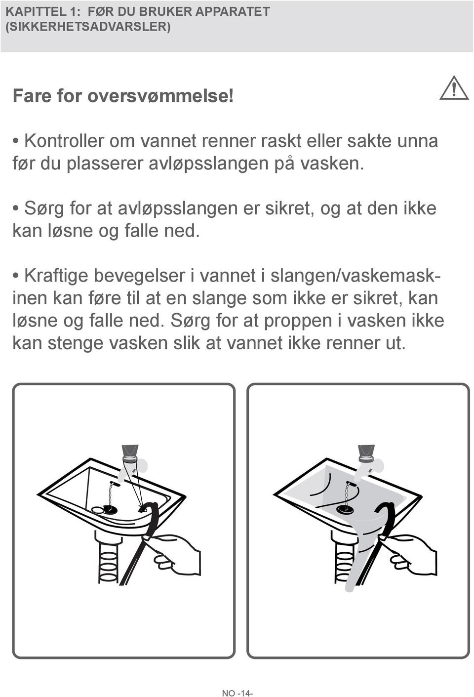 Sørg for at avløpsslangen er sikret, og at den ikke kan løsne og falle ned.