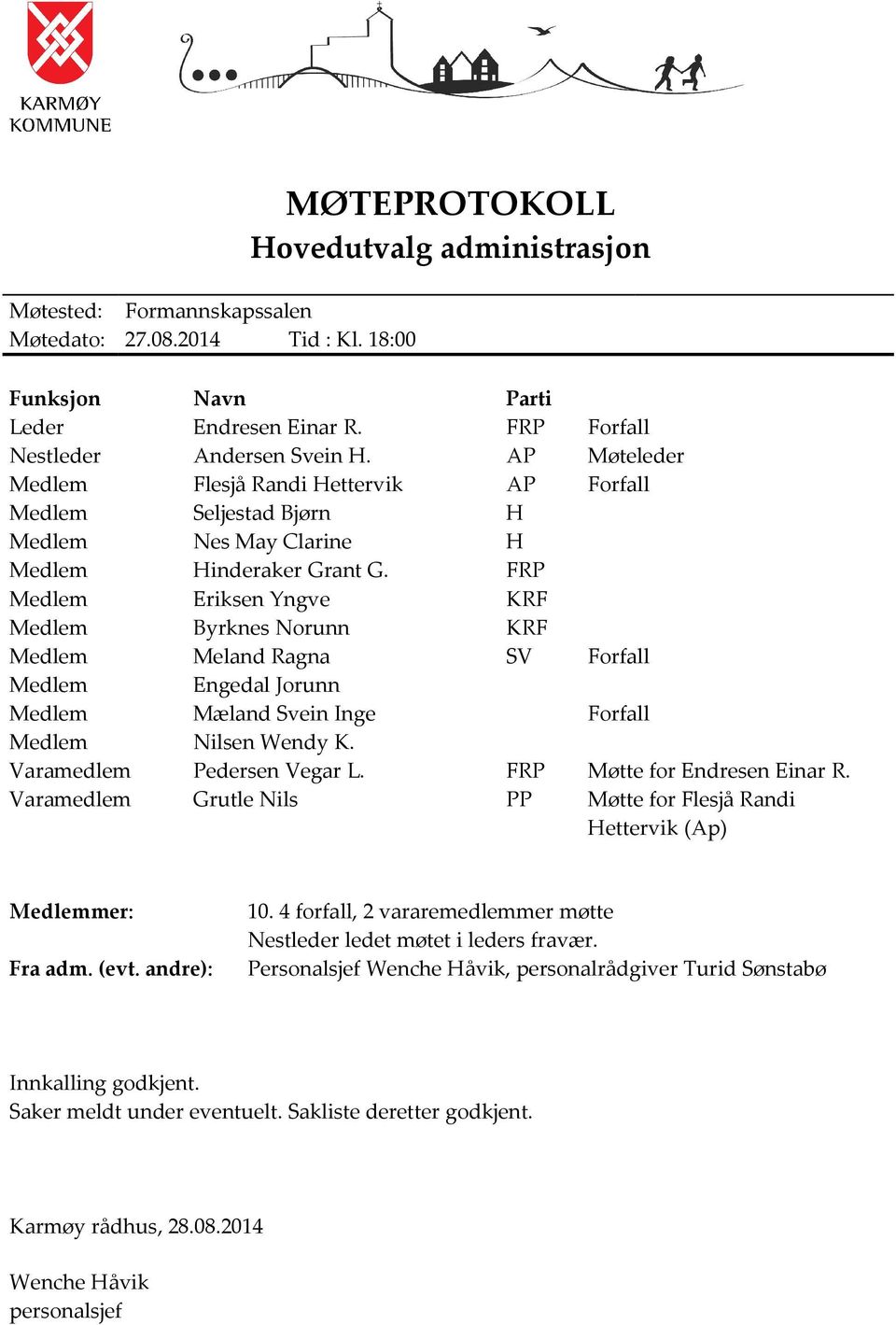 FRP Medlem Eriksen Yngve KRF Medlem Byrknes Norunn KRF Medlem Meland Ragna SV Forfall Medlem Engedal Jorunn Medlem Mæland Svein Inge Forfall Medlem Nilsen Wendy K. Varamedlem Pedersen Vegar L.