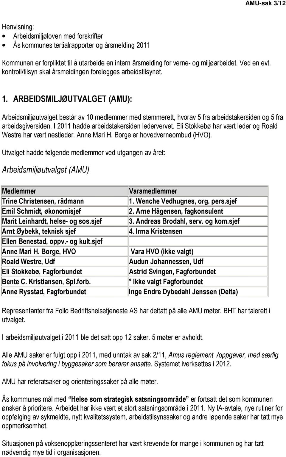 ARBEIDSMILJØUTVALGET (AMU): Arbeidsmiljøutvalget består av 10 medlemmer med stemmerett, hvorav 5 fra arbeidstakersiden og 5 fra arbeidsgiversiden. I 2011 hadde arbeidstakersiden ledervervet.