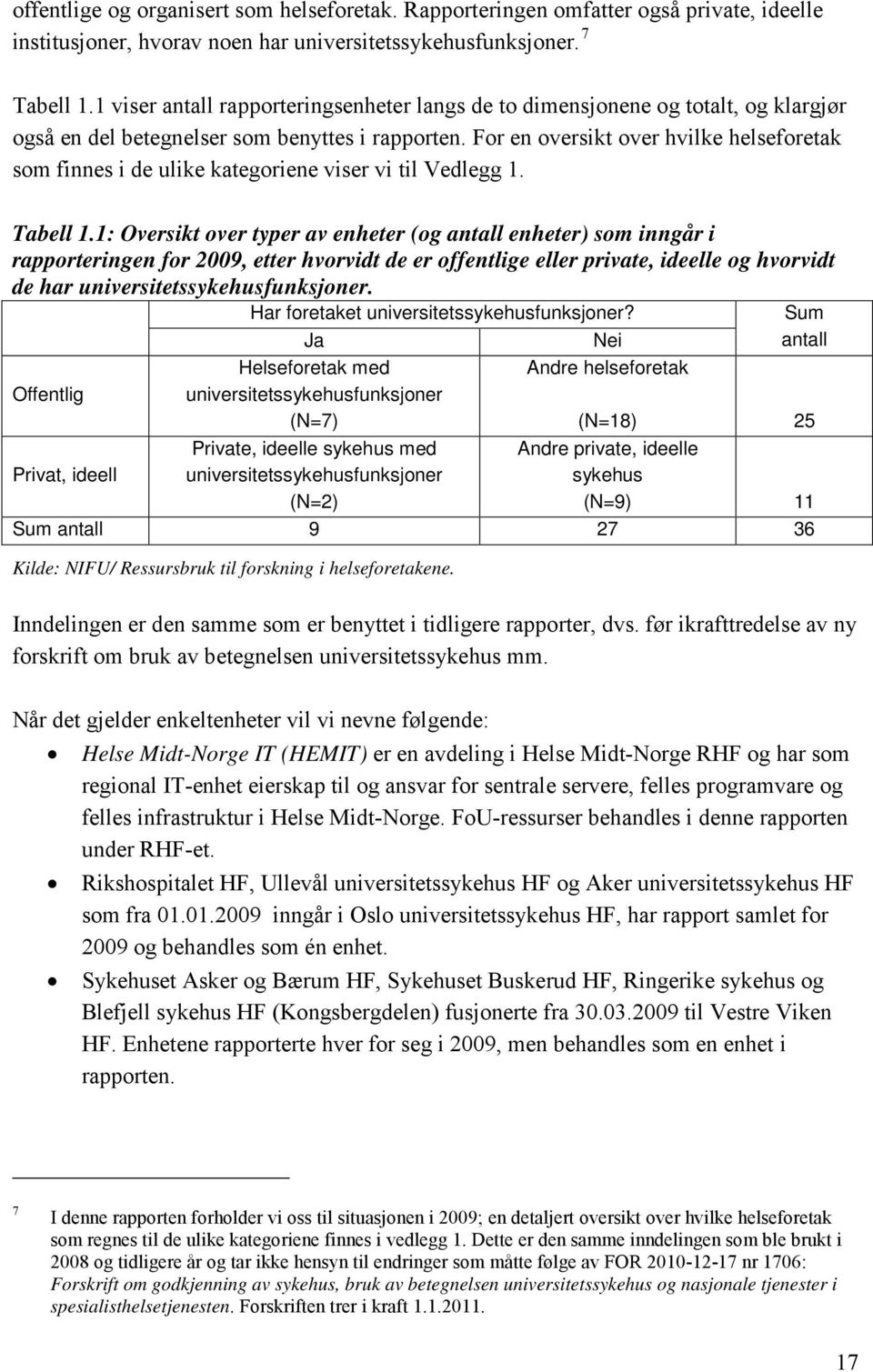 For en oversikt over hvilke helseforetak som finnes i de ulike kategoriene viser vi til Vedlegg 1. Tabell 1.