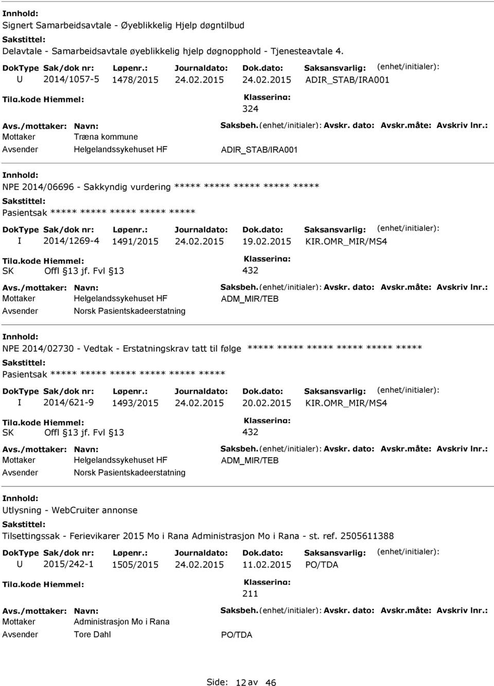 : Mottaker Træna kommune Helgelandssykehuset HF ADR_STAB/RA001 nnhold: NE 2014/06696 - Sakkyndig vurdering ***** ***** ***** ***** ***** asientsak ***** ***** ***** ***** ***** 2014/1269-4 1491/2015