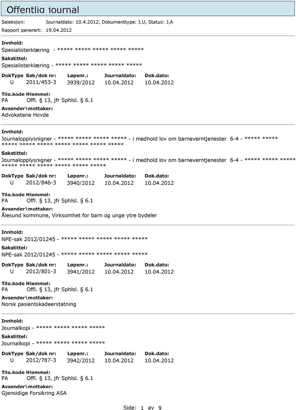 barneverntjenester 6-4 - Journalopplysnigner - - i medhold lov om barneverntjenester 6-4 - 2012/846-3 3940/2012 Ålesund