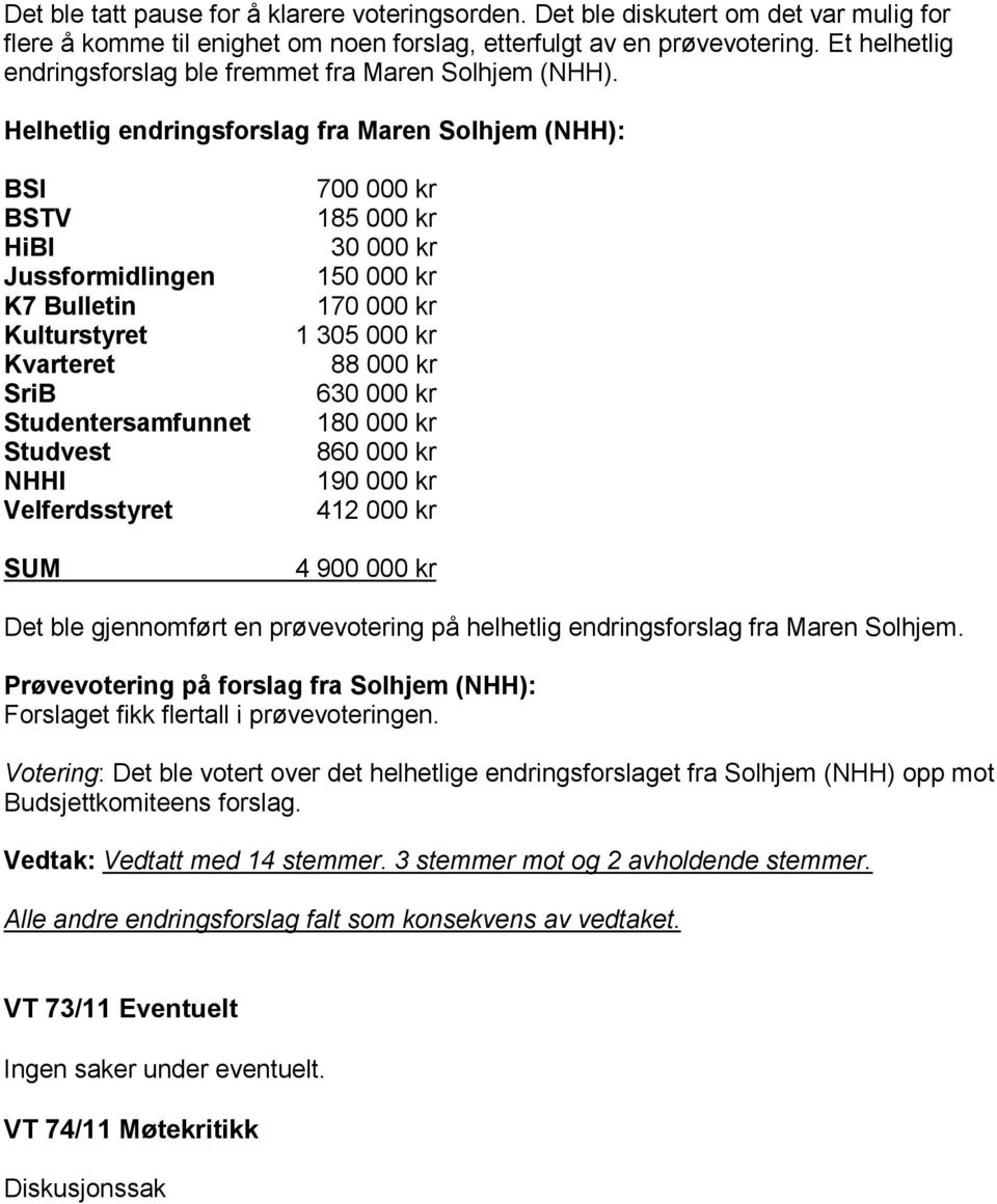 Helhetlig endringsforslag fra Maren Solhjem (NHH): BSI BSTV HiBI Jussformidlingen K7 Bulletin Kulturstyret Kvarteret SriB Studentersamfunnet Studvest NHHI Velferdsstyret SUM 700 00 185 00 30 00 170