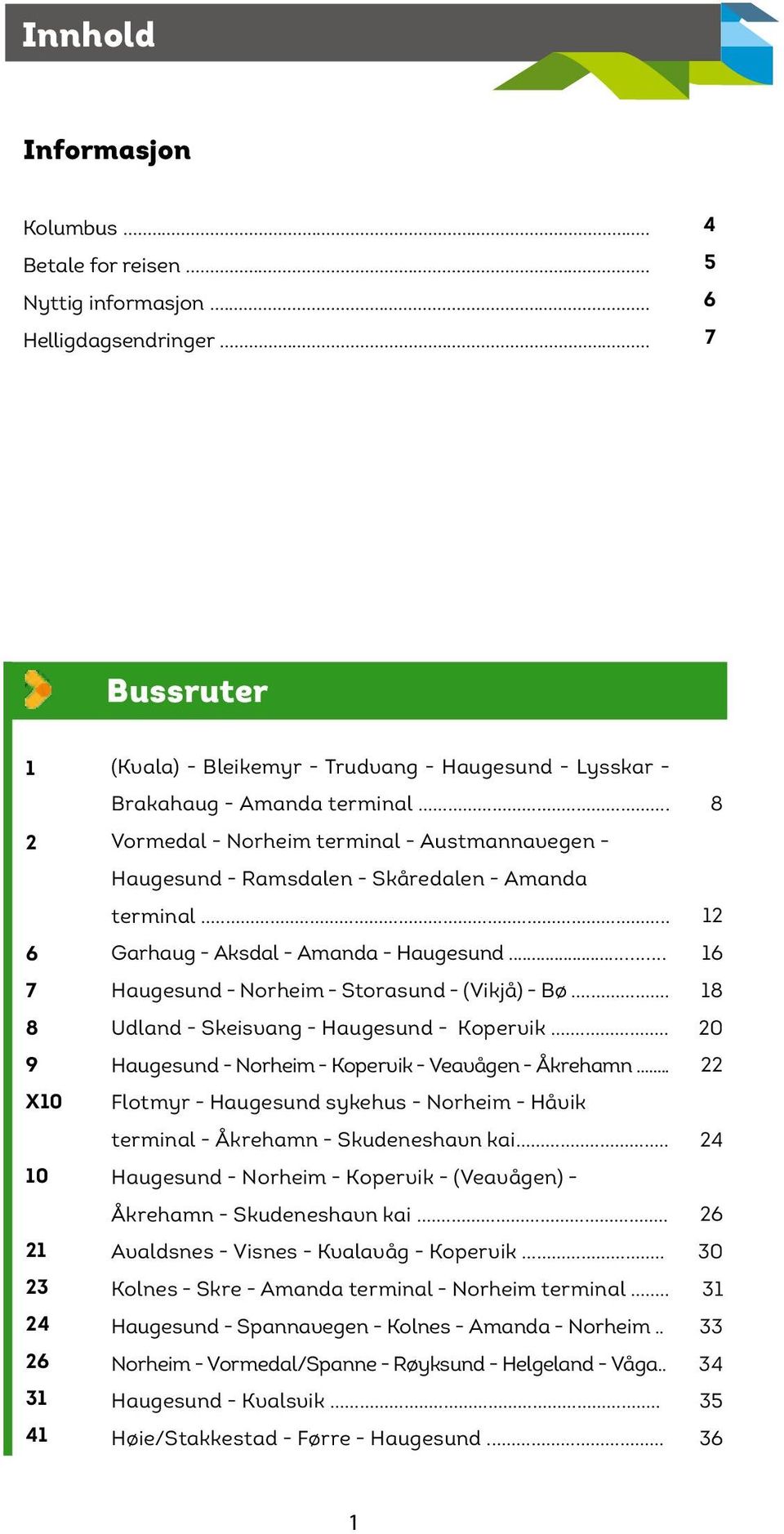 .. Vormedal - Norheim terminal - Austmannavegen - Haugesund - Ramsdalen - Skåredalen - Amanda terminal... Garhaug - Aksdal - Amanda - Haugesund... Haugesund - Norheim - Storasund - (Vikjå) - Bø.