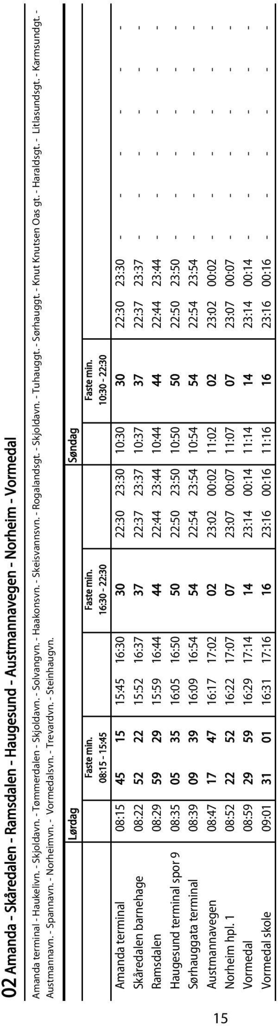 - Austmannavn. - Spannavn. - Norheimvn. - Vormedalsvn. - Trevardvn. - Steinhaugvn. Lørdag Søndag Faste min.