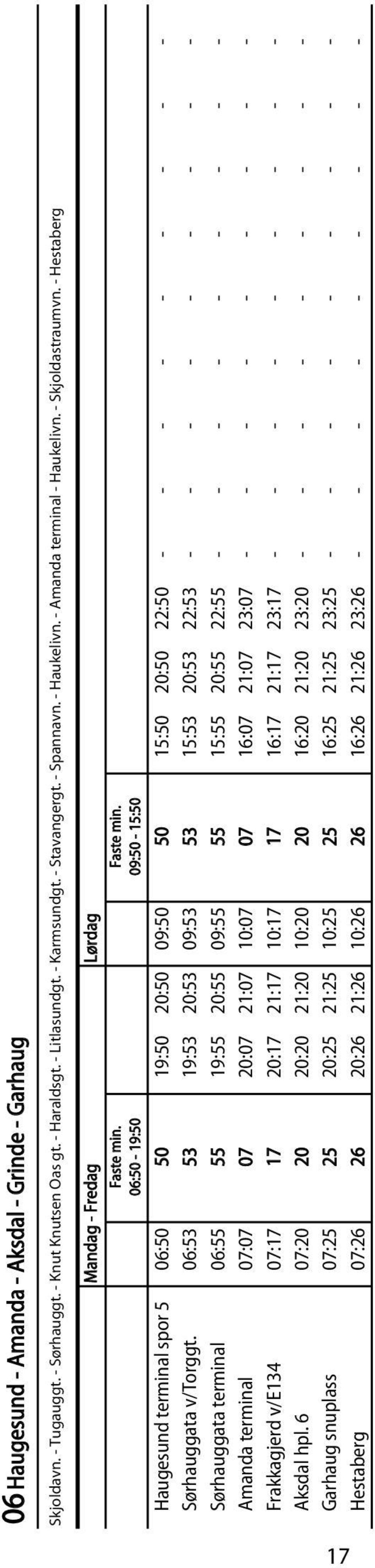 Faste min. 06:50-19:50 09:50-15:50 Haugesund terminal spor 5 06:50 50 19:50 20:50 09:50 50 15:50 20:50 22:50 - - - - - - - - - Sørhauggata v/torggt.