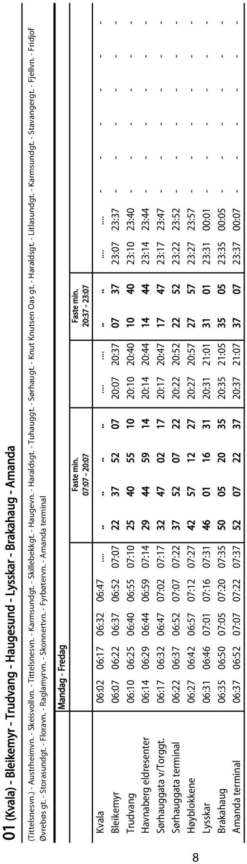 - Fyrbøtervn. - Amanda terminal Faste min. Faste min. 07:07-20:07 20:37-23:07 Kvala 06:02 06:17 06:32 06:47.