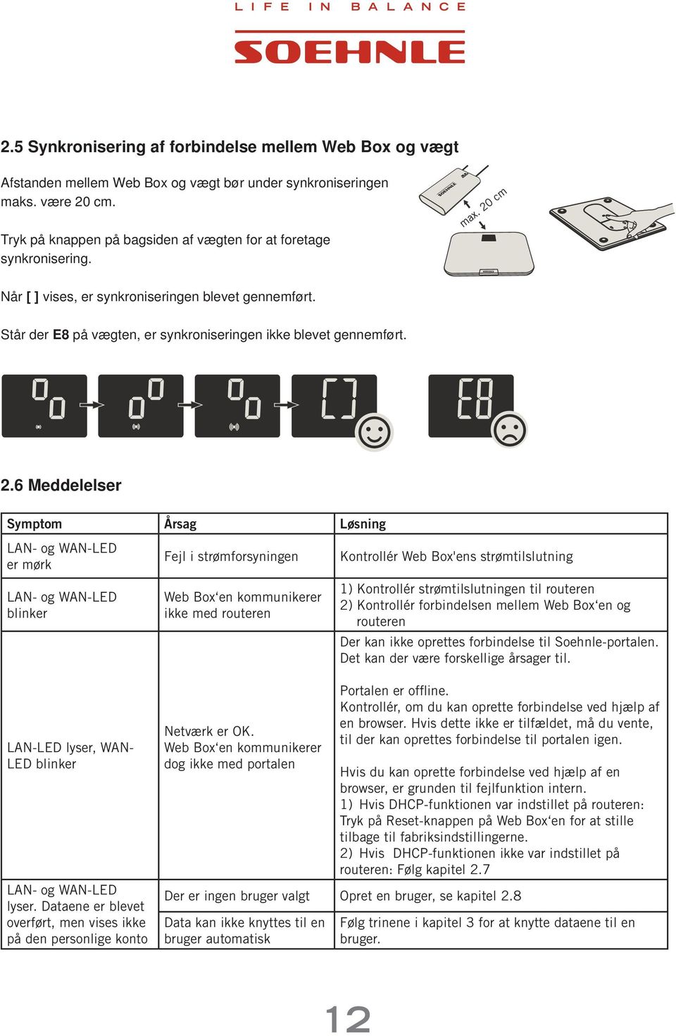 6 Meddelelser Symptom Årsag Løsning LAN- og WAN-LED er mørk LAN- og WAN-LED blinker Fejl i strømforsyningen Web Box en kommunikerer ikke med routeren Kontrollér Web Box'ens strømtilslutning 1)