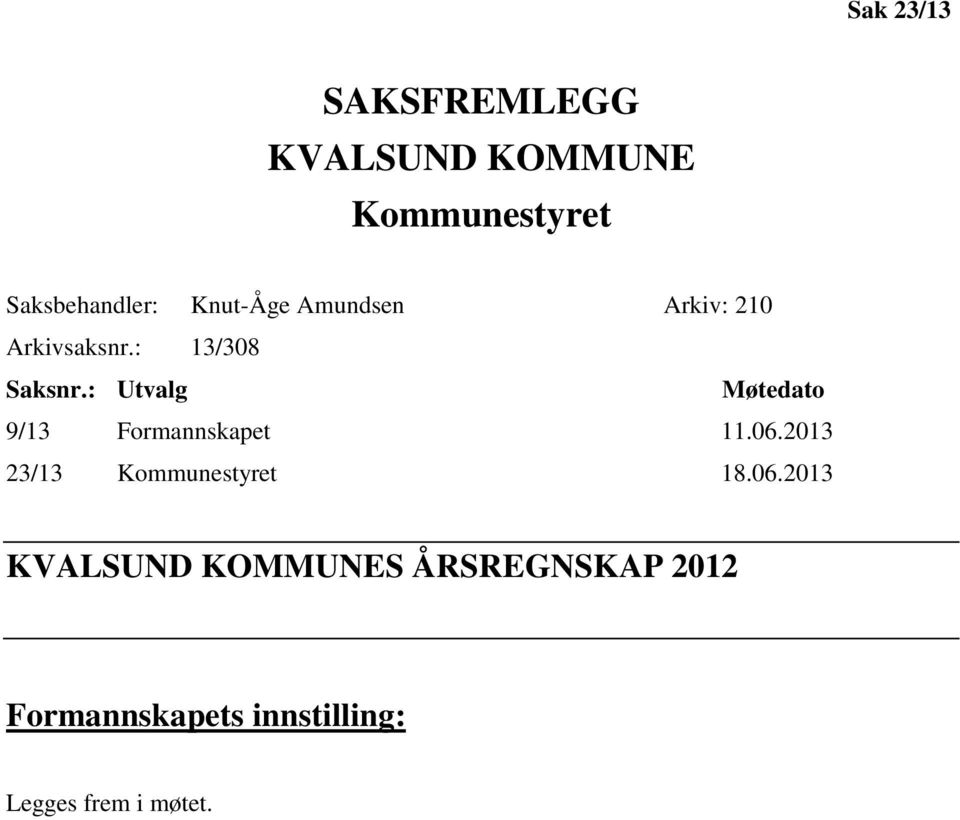 : Utvalg Møtedato 9/13 Formannskapet 11.06.2013 23/13 Kommunestyret 18.