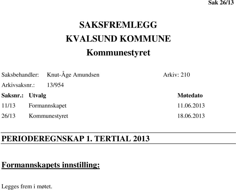 : Utvalg Møtedato 11/13 Formannskapet 11.06.2013 26/13 Kommunestyret 18.