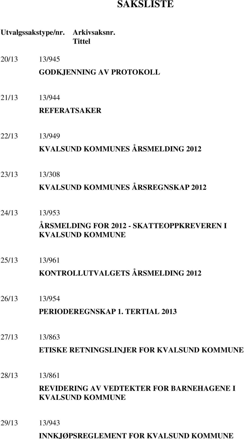 KVALSUND KOMMUNES ÅRSREGNSKAP 2012 24/13 13/953 ÅRSMELDING FOR 2012 - SKATTEOPPKREVEREN I KVALSUND KOMMUNE 25/13 13/961 KONTROLLUTVALGETS