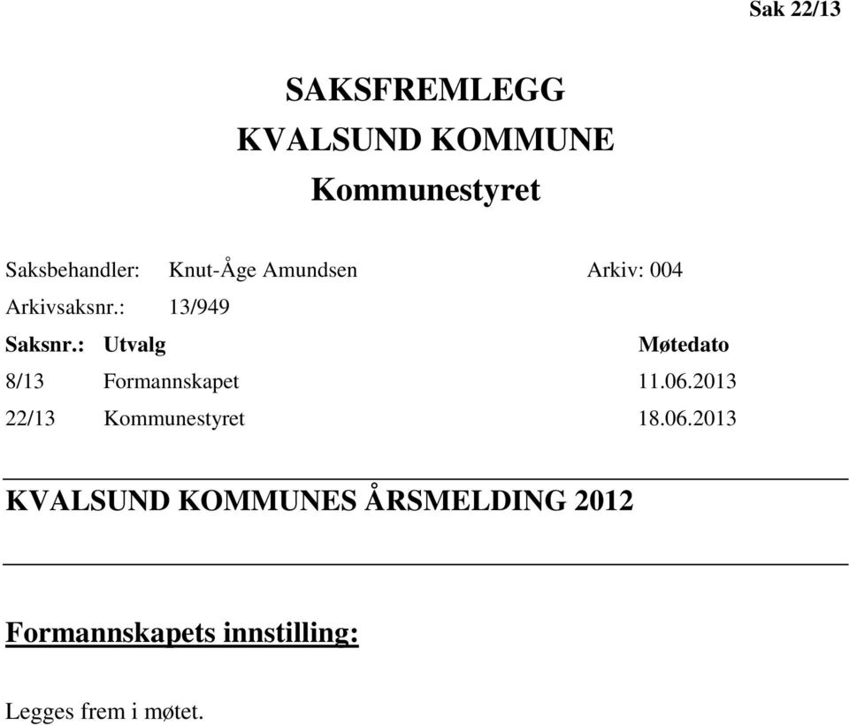 : Utvalg Møtedato 8/13 Formannskapet 11.06.2013 22/13 Kommunestyret 18.