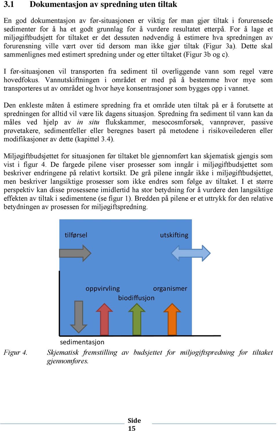 Dette skal sammenlignes med estimert spredning under og etter tiltaket (Figur 3b og c). I før-situasjonen vil transporten fra sediment til overliggende vann som regel være hovedfokus.