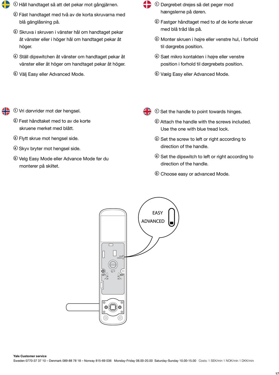 4 Ställ dipswitchen åt vänster om handtaget pekar åt vänster eller åt höger om handtaget pekar åt höger. 5 Välj Easy eller Advanced Mode. 1 Dørgrebet drejes så det peger mod hængslerne på døren.